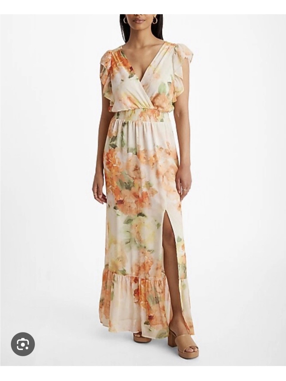 Express Floral V-Neck Ruffle Sleeve A-Line Midi Dress Orange Ivory Womens M